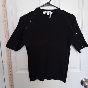 DKNY Ribbed Black Short Sleeve Sweater with Button Accents